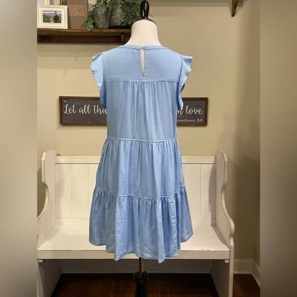 New In Light Blue Tiered Flutter Sleeve Mini Dress Small Pleated Neckline Pocket